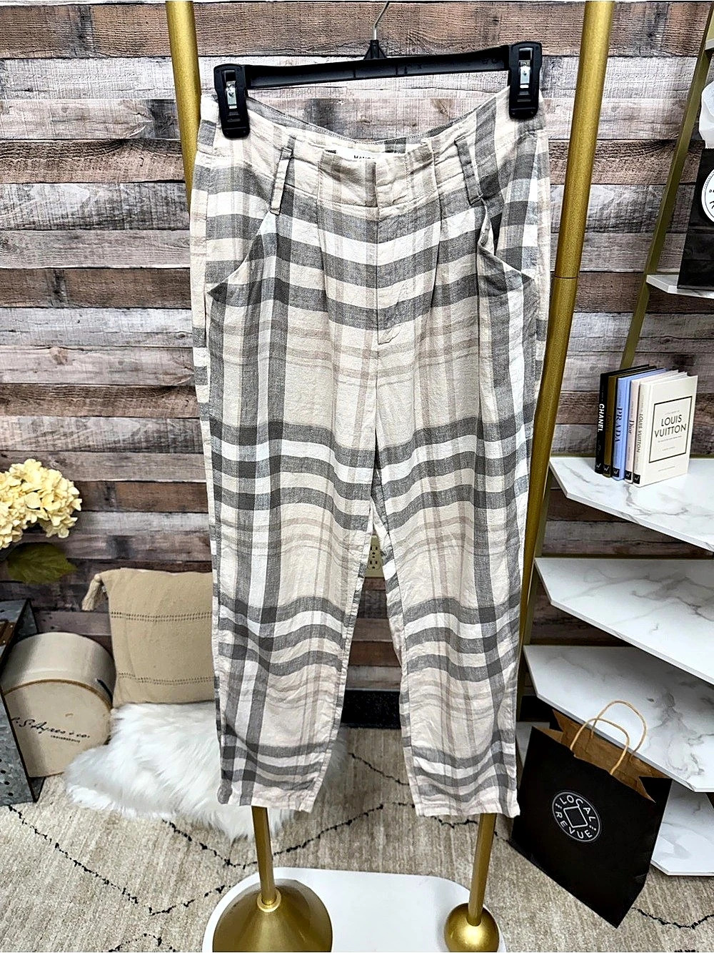 MANGO Casual Tan/Grey Plaid Linen Pants